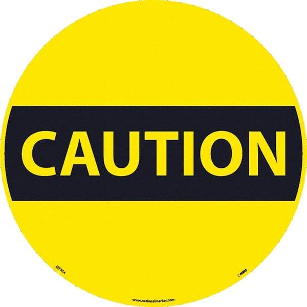 NMC - Caution, Anti-Skid Pressure-Sensitive Vinyl Floor Sign - Round, Black on Yellow, Adhesive Backed, For Restroom, Janitorial & Housekeeping - USA Tool & Supply