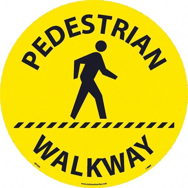 NMC - Pedestrian Walkway, Anti-Skid Pressure-Sensitive Vinyl Floor Sign - Round, Black on Yellow, Adhesive Backed, For Restroom, Janitorial & Housekeeping - USA Tool & Supply