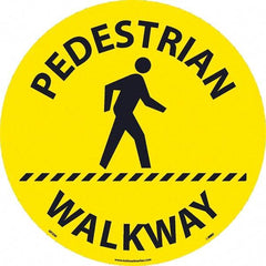NMC - Pedestrian Walkway, Anti-Skid Pressure-Sensitive Vinyl Floor Sign - Round, Black on Yellow, Adhesive Backed, For Restroom, Janitorial & Housekeeping - USA Tool & Supply
