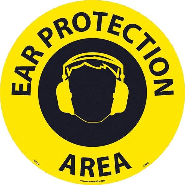 NMC - Ear Protection Area, Anti-Skid Pressure-Sensitive Vinyl Floor Sign - Round, Black on Yellow, Adhesive Backed, For Restroom, Janitorial & Housekeeping - USA Tool & Supply