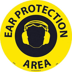 NMC - Ear Protection Area, Anti-Skid Pressure-Sensitive Vinyl Floor Sign - Round, Black on Yellow, Adhesive Backed, For Restroom, Janitorial & Housekeeping - USA Tool & Supply