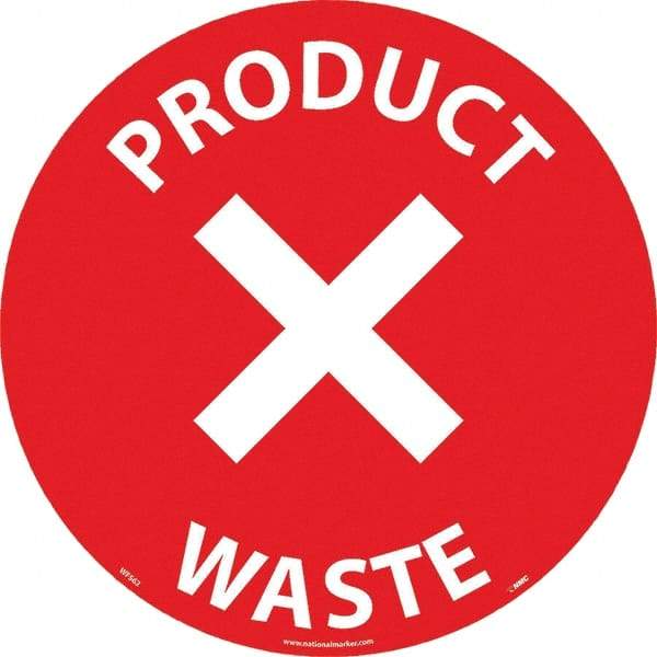 NMC - Product Waste, Anti-Skid Pressure-Sensitive Vinyl Floor Sign - Round, White on Red, Adhesive Backed, For Restroom, Janitorial & Housekeeping - USA Tool & Supply