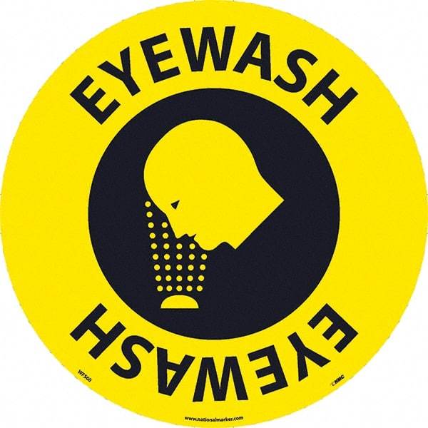 NMC - Eyewash, Anti-Skid Pressure-Sensitive Vinyl Floor Sign - Round, Black on Yellow, Adhesive Backed, For Restroom, Janitorial & Housekeeping - USA Tool & Supply