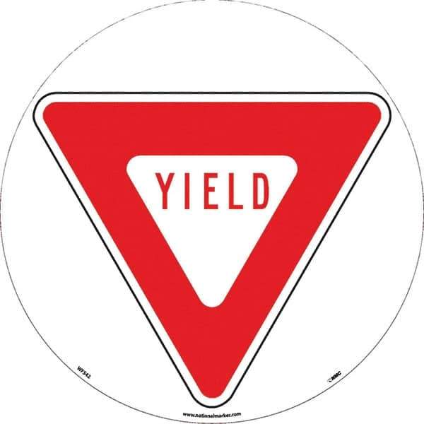 NMC - Yield, Anti-Skid Pressure-Sensitive Vinyl Floor Sign - Round, Red on White, Adhesive Backed, For Restroom, Janitorial & Housekeeping - USA Tool & Supply