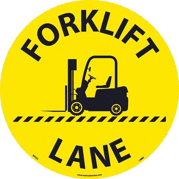 NMC - Forklift Lane, Anti-Skid Pressure-Sensitive Vinyl Floor Sign - Round, Black on Yellow, Adhesive Backed, For Restroom, Janitorial & Housekeeping - USA Tool & Supply