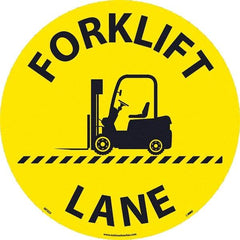NMC - Forklift Lane, Anti-Skid Pressure-Sensitive Vinyl Floor Sign - Round, Black on Yellow, Adhesive Backed, For Restroom, Janitorial & Housekeeping - USA Tool & Supply