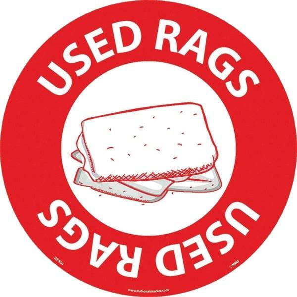 NMC - Used Rags, Anti-Skid Pressure-Sensitive Vinyl Floor Sign - Round, White on Red, Adhesive Backed, For Restroom, Janitorial & Housekeeping - USA Tool & Supply