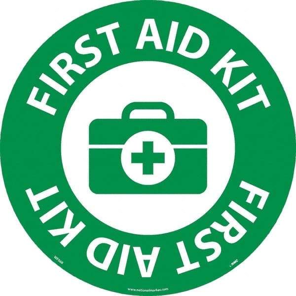 NMC - First Aid Kit, Anti-Skid Pressure-Sensitive Vinyl Floor Sign - Round, White on Green, Adhesive Backed, For Restroom, Janitorial & Housekeeping - USA Tool & Supply