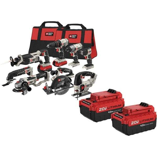 Porter-Cable - 20 Volt Cordless Tool Combination Kit - Includes 1/2" Drill/Driver, 1/4" Impact Driver, 6-1/2" Circular Saw, Reciprocating Tiger Saw, Jig Saw, Oscillating Multi-Tool, Cut-Off Tool, Grinder & Flashlight, Lithium-Ion Battery Included - USA Tool & Supply