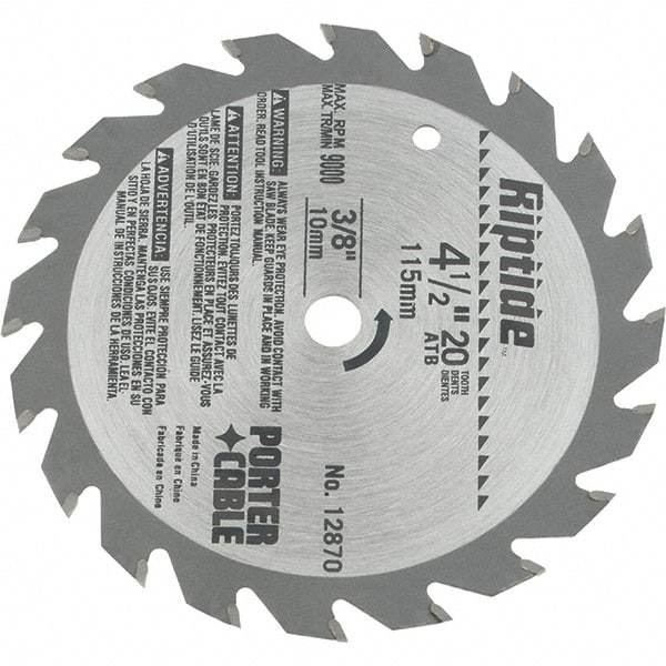 Porter-Cable - 4-1/2" Diam, 3/8" Arbor Hole Diam, 20 Tooth Wet & Dry Cut Saw Blade - Carbide-Tipped, Ripping Action, Standard Round Arbor - USA Tool & Supply