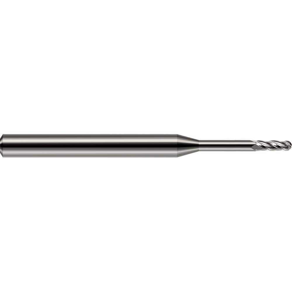 Ball End Mill: 0.25″ Dia, 0.75″ LOC, 4 Flute, Solid Carbide 4″ OAL, 1/4″ Shank Dia, 30 ° Helix, Uncoated, Single End