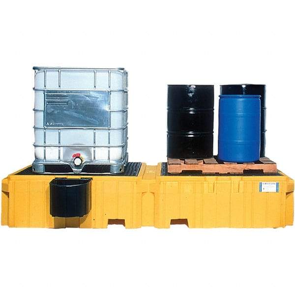 UltraTech - 535 Gal Sump Capacity, Polyethylene TWIN IBC Spill Pallet, Left Side Bucket with Drain - 61.6" Long x 22" Wide x 124-1/2" High, 8,000 Lb Capacity, 2 Totes, Includes 1 Left Side Bucket Shelf - USA Tool & Supply