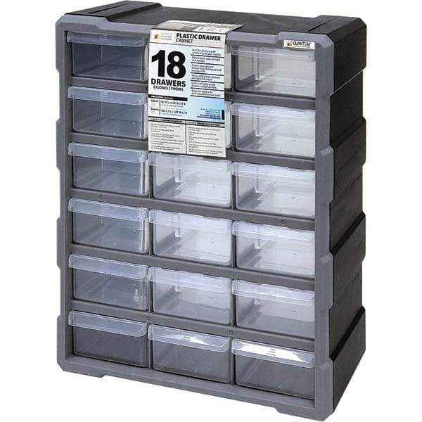 Quantum Storage - 18 Drawer, Small Parts Drawer Cabinet System - 18-3/4" Deep x 6-1/4" Wide x 15" High - USA Tool & Supply