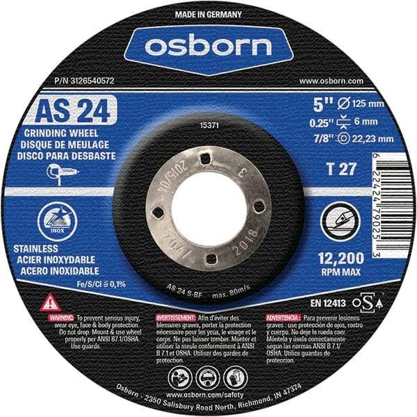 Osborn - 24 Grit, 5" Wheel Diam, 1/4" Wheel Thickness, 7/8" Arbor Hole, Type 27 Depressed Center Wheel - Coarse Grade, Aluminum Oxide, 12,225 Max RPM - USA Tool & Supply