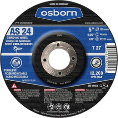 Osborn - 24 Grit, 5" Wheel Diam, 1/4" Wheel Thickness, 7/8" Arbor Hole, Type 27 Depressed Center Wheel - Coarse Grade, Aluminum Oxide, 12,225 Max RPM - USA Tool & Supply