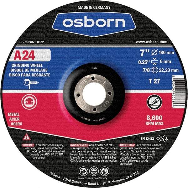 Osborn - 24 Grit, 7" Wheel Diam, 1/4" Wheel Thickness, 7/8" Arbor Hole, Type 27 Depressed Center Wheel - Coarse Grade, Aluminum Oxide, 8,600 Max RPM - USA Tool & Supply