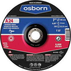 Osborn - 24 Grit, 7" Wheel Diam, 1/4" Wheel Thickness, 7/8" Arbor Hole, Type 27 Depressed Center Wheel - Coarse Grade, Aluminum Oxide, 8,600 Max RPM - USA Tool & Supply