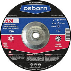 Osborn - 24 Grit, 7" Wheel Diam, 1/4" Wheel Thickness, Type 27 Depressed Center Wheel - Coarse Grade, Aluminum Oxide, 8,600 Max RPM - USA Tool & Supply