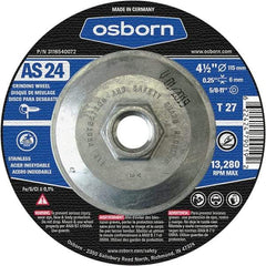 Osborn - 24 Grit, 4-1/2" Wheel Diam, 1/4" Wheel Thickness, Type 27 Depressed Center Wheel - Coarse Grade, Aluminum Oxide, 13,280 Max RPM - USA Tool & Supply