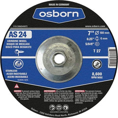 Osborn - 24 Grit, 7" Wheel Diam, 1/4" Wheel Thickness, Type 27 Depressed Center Wheel - Coarse Grade, Aluminum Oxide, 8,600 Max RPM - USA Tool & Supply