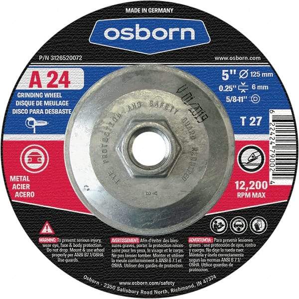 Osborn - 24 Grit, 5" Wheel Diam, 1/4" Wheel Thickness, Type 27 Depressed Center Wheel - Coarse Grade, Aluminum Oxide, 12,225 Max RPM - USA Tool & Supply