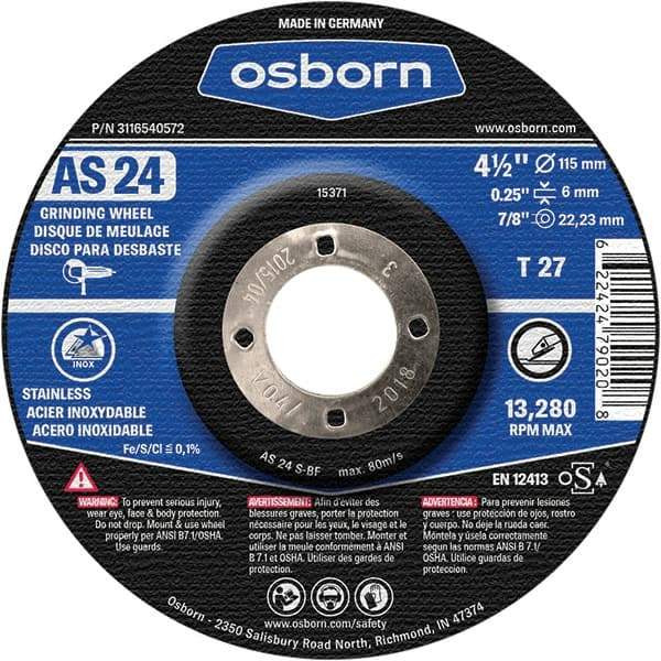 Osborn - 24 Grit, 4-1/2" Wheel Diam, 1/4" Wheel Thickness, 7/8" Arbor Hole, Type 27 Depressed Center Wheel - Coarse Grade, Aluminum Oxide, 13,280 Max RPM - USA Tool & Supply