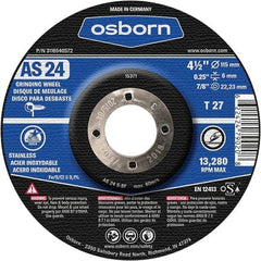Osborn - 24 Grit, 4-1/2" Wheel Diam, 1/4" Wheel Thickness, 7/8" Arbor Hole, Type 27 Depressed Center Wheel - Coarse Grade, Aluminum Oxide, 13,280 Max RPM - USA Tool & Supply