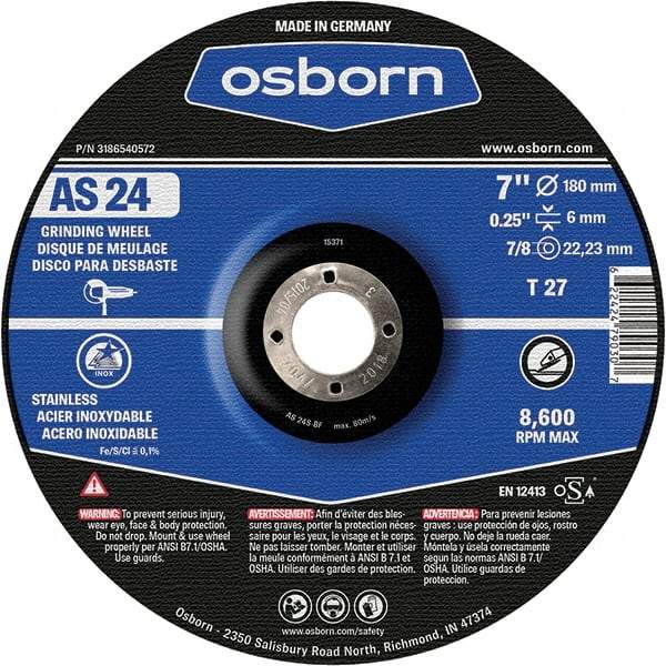 Osborn - 24 Grit, 7" Wheel Diam, 1/4" Wheel Thickness, 7/8" Arbor Hole, Type 27 Depressed Center Wheel - Coarse Grade, Aluminum Oxide, 8,600 Max RPM - USA Tool & Supply