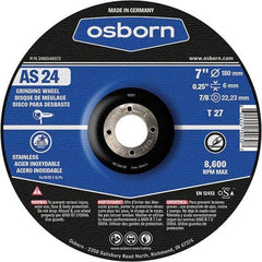 Osborn - 24 Grit, 7" Wheel Diam, 1/4" Wheel Thickness, 7/8" Arbor Hole, Type 27 Depressed Center Wheel - Coarse Grade, Aluminum Oxide, 8,600 Max RPM - USA Tool & Supply