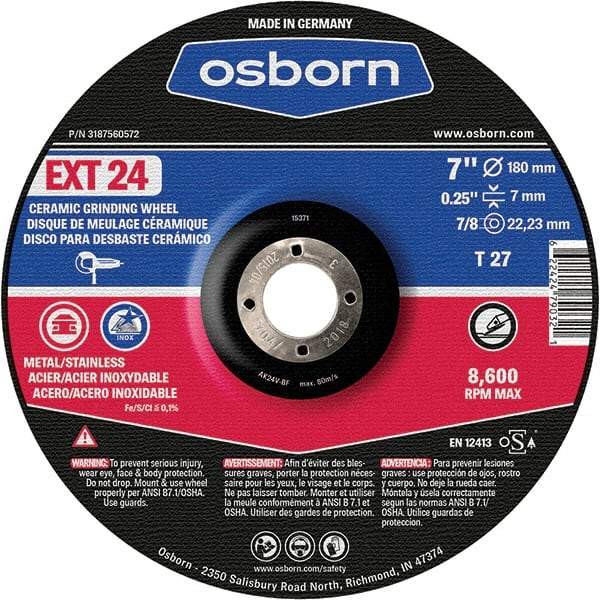 Osborn - 24 Grit, 7" Wheel Diam, 1/4" Wheel Thickness, 7/8" Arbor Hole, Type 27 Depressed Center Wheel - Coarse Grade, Ceramic, 8,600 Max RPM - USA Tool & Supply