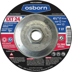 Osborn - 24 Grit, 4-1/2" Wheel Diam, 1/4" Wheel Thickness, Type 27 Depressed Center Wheel - Coarse Grade, Ceramic, 13,280 Max RPM - USA Tool & Supply