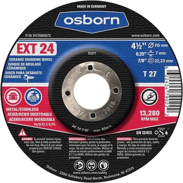 Osborn - 24 Grit, 4-1/2" Wheel Diam, 1/4" Wheel Thickness, 7/8" Arbor Hole, Type 27 Depressed Center Wheel - Coarse Grade, Ceramic, 13,280 Max RPM - USA Tool & Supply