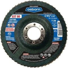 Osborn - 80 Grit, 4-1/2" Disc Diam, 7/8" Center Hole, Type 29 Ceramic Flap Disc - 13,280 Max RPM, Fiberglass Backing, Arbor Attaching System, Coated - USA Tool & Supply