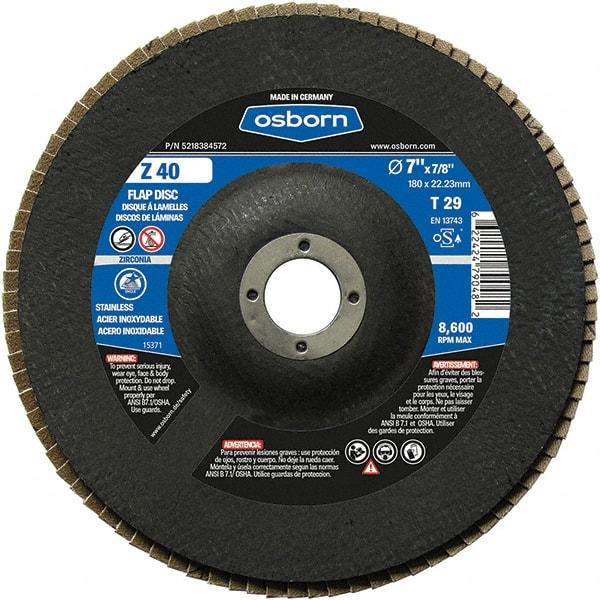 Osborn - 40 Grit, 7" Disc Diam, 7/8" Center Hole, Type 29 Zirconia Alumina Flap Disc - 8,600 Max RPM, Fiberglass Backing, Arbor Attaching System, Coated - USA Tool & Supply