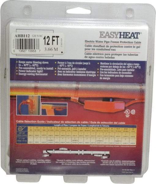 EasyHeat - 12' Long, Preassembled, Fixed Length, Fixed Wattage, Protection Heat Cable - 120 Input Volts, 84 Watts - USA Tool & Supply