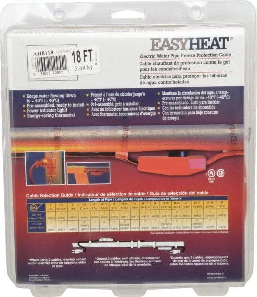 EasyHeat - 18' Long, Preassembled, Fixed Length, Fixed Wattage, Protection Heat Cable - 120 Input Volts, 126 Watts - USA Tool & Supply