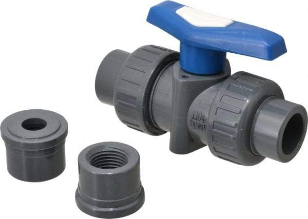 Simtech - 1/2" Pipe, Full Port, PVC True Union Design Ball Valve - Inline - Two Way Flow, FNPT x FNPT (with Socket Adapter) Ends, Tee Handle, 232 WOG - USA Tool & Supply