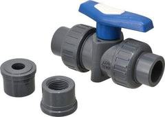 Simtech - 1/2" Pipe, Full Port, PVC True Union Design Ball Valve - Inline - Two Way Flow, FNPT x FNPT (with Socket Adapter) Ends, Tee Handle, 232 WOG - USA Tool & Supply