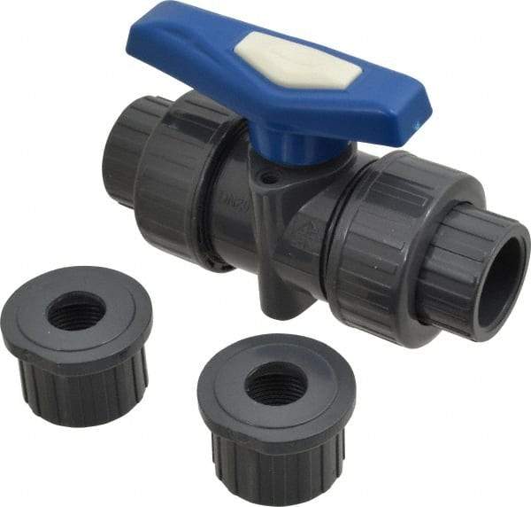 Simtech - 3/4" Pipe, Full Port, PVC True Union Design Ball Valve - Inline - Two Way Flow, FNPT x FNPT (with Socket Adapter) Ends, Tee Handle, 232 WOG - USA Tool & Supply