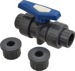Simtech - 3/4" Pipe, Full Port, PVC True Union Design Ball Valve - Inline - Two Way Flow, FNPT x FNPT (with Socket Adapter) Ends, Tee Handle, 232 WOG - USA Tool & Supply