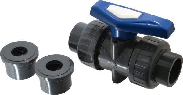 Simtech - 1" Pipe, Full Port, PVC True Union Design Ball Valve - Inline - Two Way Flow, FNPT x FNPT (with Socket Adapter) Ends, Tee Handle, 232 WOG - USA Tool & Supply