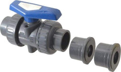 Simtech - 1-1/4" Pipe, Full Port, PVC True Union Design Ball Valve - Inline - Two Way Flow, FNPT x FNPT (with Socket Adapter) Ends, Tee Handle, 232 WOG - USA Tool & Supply