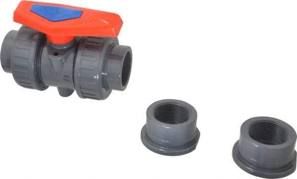 Simtech - 1-1/2" Pipe, Full Port, PVC True Union Design Ball Valve - Inline - Two Way Flow, FNPT x FNPT (with Socket Adapter) Ends, Tee Handle, 232 WOG - USA Tool & Supply