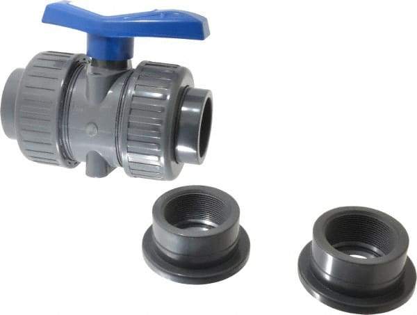 Simtech - 2" Pipe, Full Port, PVC True Union Design Ball Valve - Inline - Two Way Flow, FNPT x FNPT (with Socket Adapter) Ends, Tee Handle, 232 WOG - USA Tool & Supply