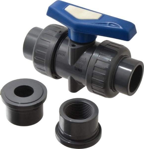 Simtech - 1" Pipe, Full Port, PVC True Union Design Ball Valve - Inline - Two Way Flow, FNPT x FNPT (with Socket Adapter) Ends, Tee Handle, 232 WOG - USA Tool & Supply