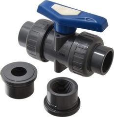 Simtech - 1" Pipe, Full Port, PVC True Union Design Ball Valve - Inline - Two Way Flow, FNPT x FNPT (with Socket Adapter) Ends, Tee Handle, 232 WOG - USA Tool & Supply