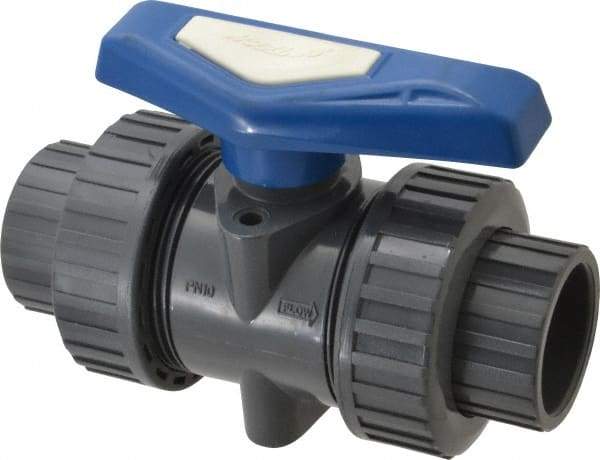 Simtech - 1-1/4" Pipe, Full Port, PVC True Union Design Ball Valve - Inline - Two Way Flow, FNPT x FNPT (with Socket Adapter) Ends, Tee Handle, 232 WOG - USA Tool & Supply