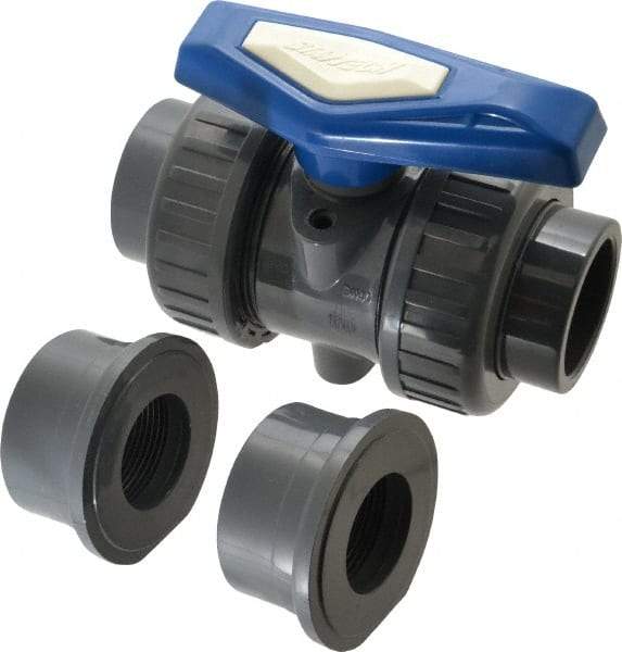 Simtech - 1-1/2" Pipe, Full Port, PVC True Union Design Ball Valve - Inline - Two Way Flow, FNPT x FNPT (with Socket Adapter) Ends, Tee Handle, 232 WOG - USA Tool & Supply