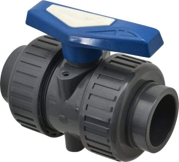 Simtech - 2" Pipe, Full Port, PVC True Union Design Ball Valve - Inline - Two Way Flow, FNPT x FNPT (with Socket Adapter) Ends, Tee Handle, 232 WOG - USA Tool & Supply