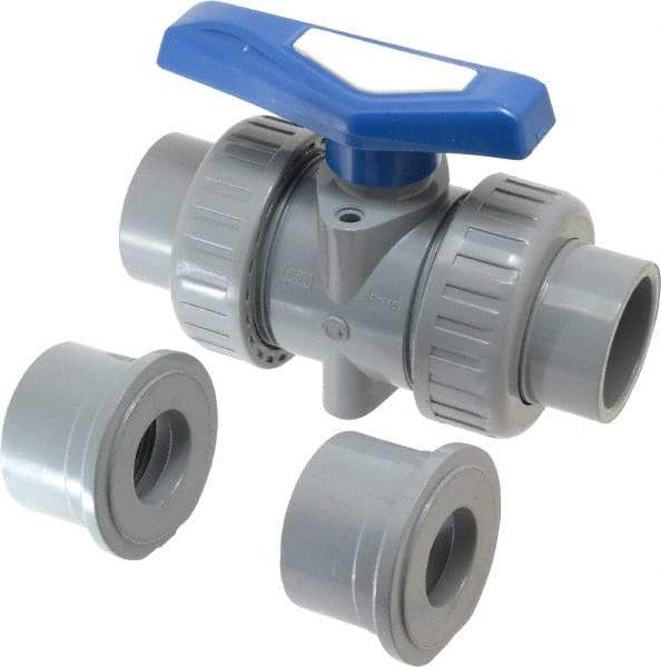 Simtech - 1-1/4" Pipe, Full Port, CPVC True Union Design Ball Valve - Inline - Two Way Flow, FNPT x FNPT (with Socket Adapter) Ends, Tee Handle, 232 WOG - USA Tool & Supply